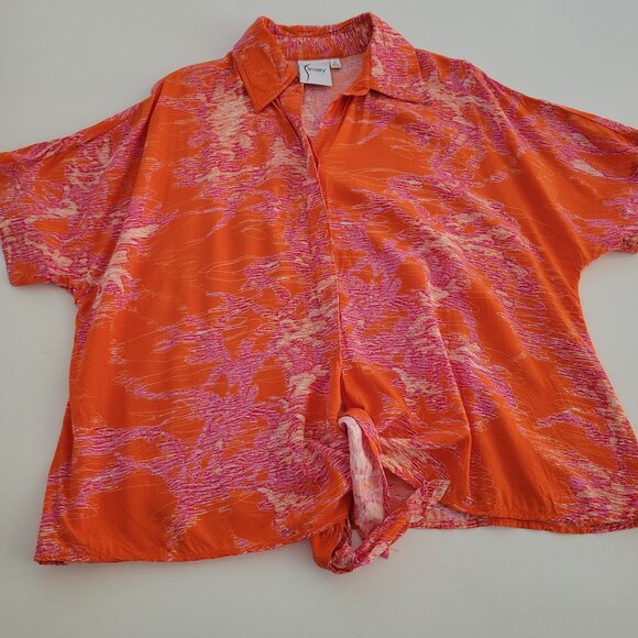 Finley Womens Hawaiian Button Down Shirt Orange Pink Abstract Tropical Sz L EUC - Picture 1 of 9